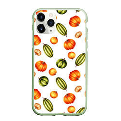 Чехол iPhone 11 Pro матовый Разноцветные тыквы - паттерн, цвет: 3D-салатовый