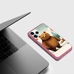 Чехол iPhone 11 Pro матовый Рождественский мишка фолк-арт, цвет: 3D-малиновый — фото 2