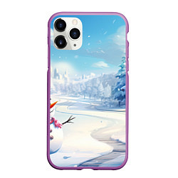 Чехол iPhone 11 Pro матовый Новогодний пейзаж снеговик