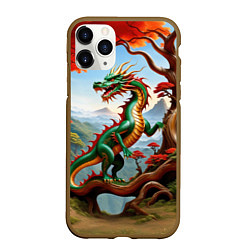 Чехол iPhone 11 Pro матовый Зеленый деревянный дракон, цвет: 3D-коричневый