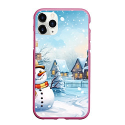 Чехол iPhone 11 Pro матовый Новогодний городок и снеговики, цвет: 3D-малиновый