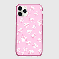 Чехол iPhone 11 Pro матовый Барби: белые сердца на розовом паттерн, цвет: 3D-малиновый
