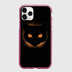 Чехол iPhone 11 Pro матовый Портрет черного кота в оранжевом свечении, цвет: 3D-малиновый