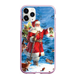 Чехол iPhone 11 Pro матовый Дед Мороз в лесу с животными, цвет: 3D-розовый