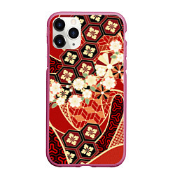 Чехол iPhone 11 Pro матовый Японские хризантемы с сакурой, цвет: 3D-малиновый