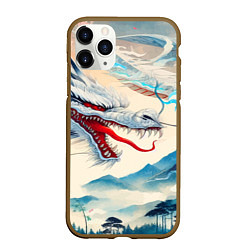 Чехол iPhone 11 Pro матовый Дракон на фоне японского пейзажа, цвет: 3D-коричневый