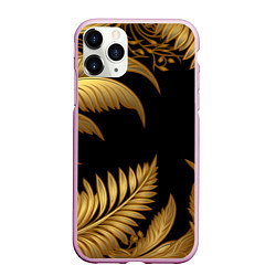 Чехол iPhone 11 Pro матовый Золотые объемные листья узоры