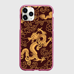 Чехол iPhone 11 Pro матовый Черно-золотая гравюра дракона, цвет: 3D-малиновый