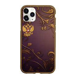 Чехол iPhone 11 Pro матовый Герб России золотой на фиолетовом фоне