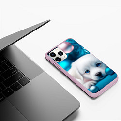 Чехол iPhone 11 Pro матовый Белый щенок с розовыми и голубыми шариками, цвет: 3D-розовый — фото 2