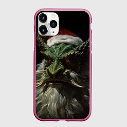 Чехол iPhone 11 Pro матовый Дракон в костюме Санты, цвет: 3D-малиновый