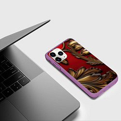 Чехол iPhone 11 Pro матовый Золотые объемные листья на красном фоне, цвет: 3D-фиолетовый — фото 2
