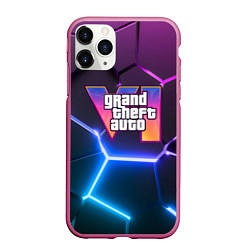 Чехол iPhone 11 Pro матовый GTA 6 лого на фоне разлома фиолетовых и синих плит