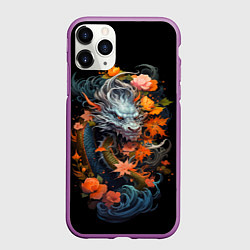Чехол iPhone 11 Pro матовый Китайский дракон с цветами и волнами