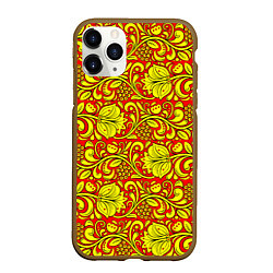 Чехол iPhone 11 Pro матовый Хохломская роспись золотистые цветы и ягоды на кра, цвет: 3D-коричневый