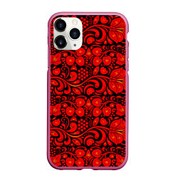 Чехол iPhone 11 Pro матовый Хохломская роспись красные цветы и ягоды на чёрном