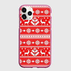 Чехол iPhone 11 Pro матовый Новый год ели и олени на красном фоне, цвет: 3D-малиновый