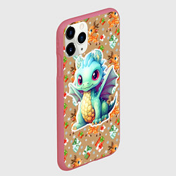 Чехол iPhone 11 Pro матовый Маленький синий дракон на фоне оленей, цвет: 3D-малиновый — фото 2