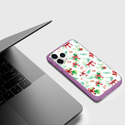 Чехол iPhone 11 Pro матовый Елочные ветки и подарки с красным бантом акварелью, цвет: 3D-фиолетовый — фото 2