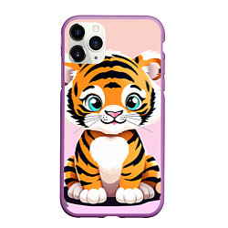 Чехол iPhone 11 Pro матовый Милый тигренок с цветами на фоне, цвет: 3D-фиолетовый