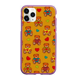 Чехол iPhone 11 Pro матовый Игрушечные мишки и разноцветные сердца, цвет: 3D-фиолетовый