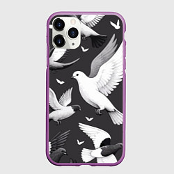 Чехол iPhone 11 Pro матовый Белые сизые голуби летящие в небе, цвет: 3D-фиолетовый