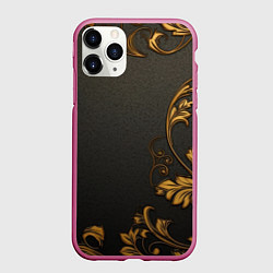 Чехол iPhone 11 Pro матовый Объемные золотые узоры на черной ткани лепнина, цвет: 3D-малиновый