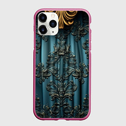 Чехол iPhone 11 Pro матовый Синий шелк с золотой лепниной, цвет: 3D-малиновый