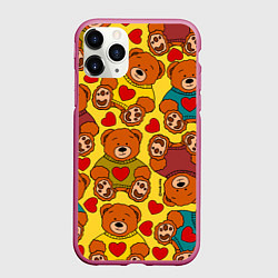 Чехол iPhone 11 Pro матовый Игрушечные мишки и сердечки, цвет: 3D-малиновый