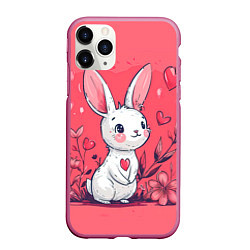 Чехол iPhone 11 Pro матовый Зайчик с цветочками и сердечками, цвет: 3D-малиновый