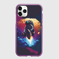 Чехол iPhone 11 Pro матовый Космонавт на ракете в галактике, цвет: 3D-фиолетовый