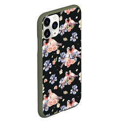 Чехол iPhone 11 Pro матовый Голуби с розами и ирисами black, цвет: 3D-темно-зеленый — фото 2