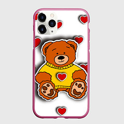 Чехол iPhone 11 Pro матовый Стикер наклейка медвежонок и сердце объемный рисун, цвет: 3D-малиновый