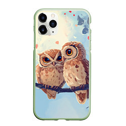 Чехол iPhone 11 Pro матовый Влюбленные совы 14 февраля, цвет: 3D-салатовый