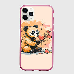 Чехол iPhone 11 Pro матовый Милая панда с сердечком и цветами