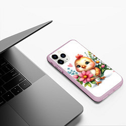 Чехол iPhone 11 Pro матовый Мультяшный цыпленок с цветами, цвет: 3D-розовый — фото 2