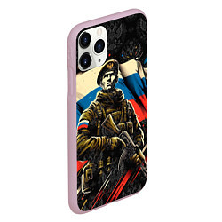 Чехол iPhone 11 Pro матовый Русский солдат на фоне флага России, цвет: 3D-розовый — фото 2