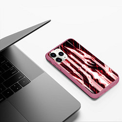 Чехол iPhone 11 Pro матовый Красные неоновые полосы на чёрном фоне, цвет: 3D-малиновый — фото 2