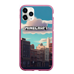 Чехол iPhone 11 Pro матовый Minecraft город и лого, цвет: 3D-малиновый