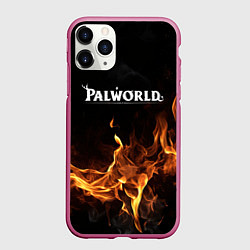 Чехол iPhone 11 Pro матовый Palworld логотип на черном фоне с огнем