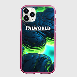 Чехол iPhone 11 Pro матовый Palworld логотип на ярких синих и зеленых неоновых