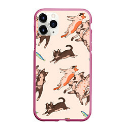 Чехол iPhone 11 Pro матовый Коты и рыба, цвет: 3D-малиновый