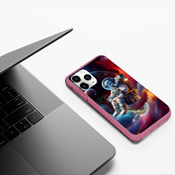 Чехол iPhone 11 Pro матовый Космонавт далматинец в неоновой галактике, цвет: 3D-малиновый — фото 2