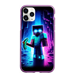 Чехол iPhone 11 Pro матовый Minecraft - neon character ai art, цвет: 3D-фиолетовый