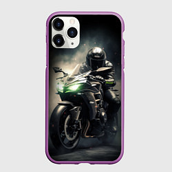 Чехол iPhone 11 Pro матовый Мотоциклист на спортивном байке с зелеными фарами, цвет: 3D-фиолетовый