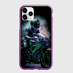Чехол iPhone 11 Pro матовый Мотоциклист на зеленой байке