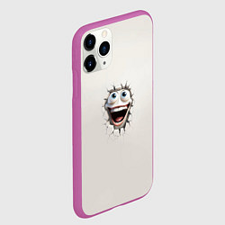 Чехол iPhone 11 Pro матовый Белая мордашка смайла и дырка в треснувшей стене, цвет: 3D-фиолетовый — фото 2