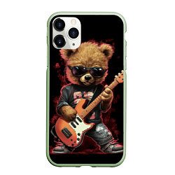 Чехол iPhone 11 Pro матовый Плюшевый медведь музыкант с гитарой, цвет: 3D-салатовый