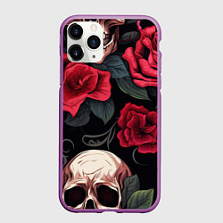 Чехол iPhone 11 Pro матовый Черепа с красными розами