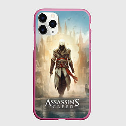 Чехол iPhone 11 Pro матовый Assassins creed на фоне дворца, цвет: 3D-малиновый